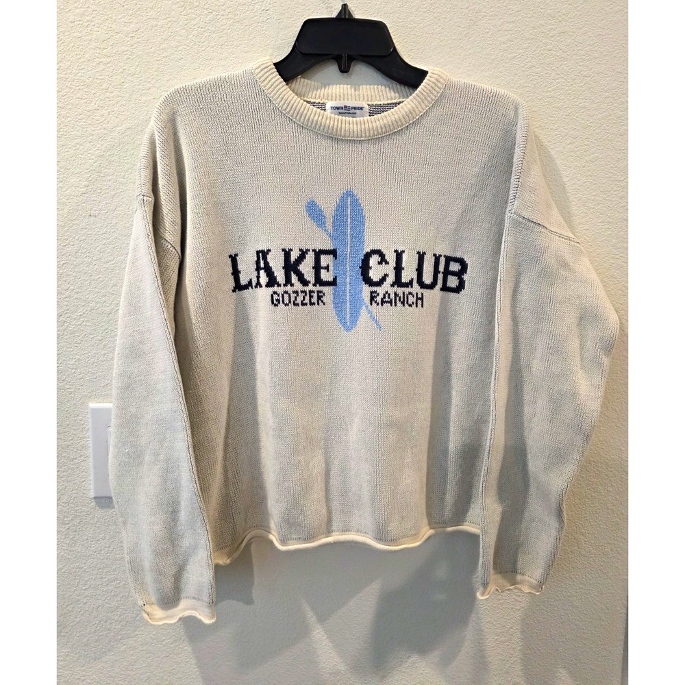VTG Town Pride Graphic Knit Lake Club Crewneck Sweater Sz M Cream Navy Old Money